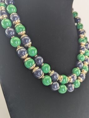 Vintage Signed BR Banana Republic Green, Black, Gold Beaded 2 Strand Necklace